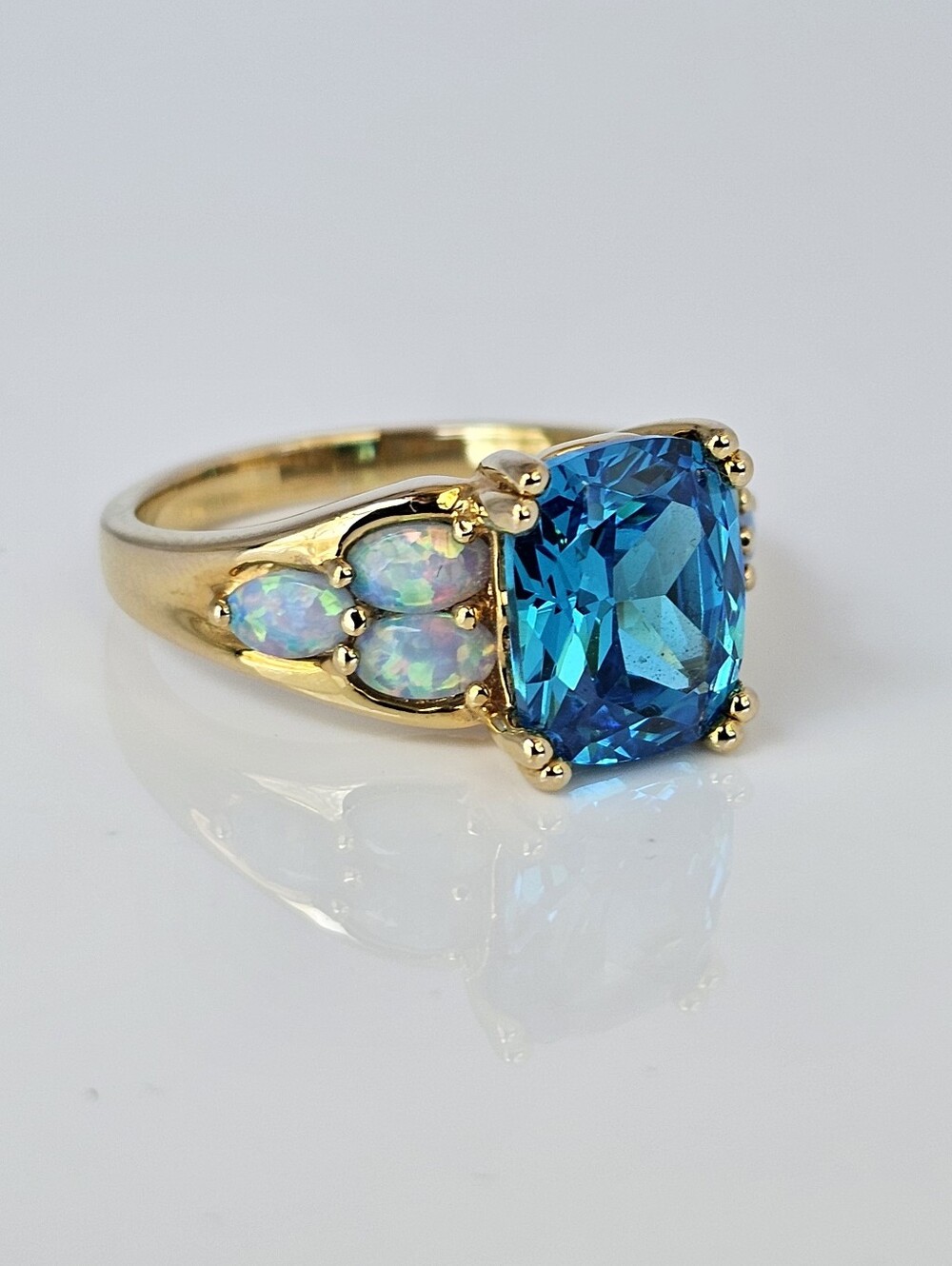 Vintage Blue Topaz & Fire Opal Ring 14K Yellow Gold Vermeil Size 10! - Picture 3 of 6